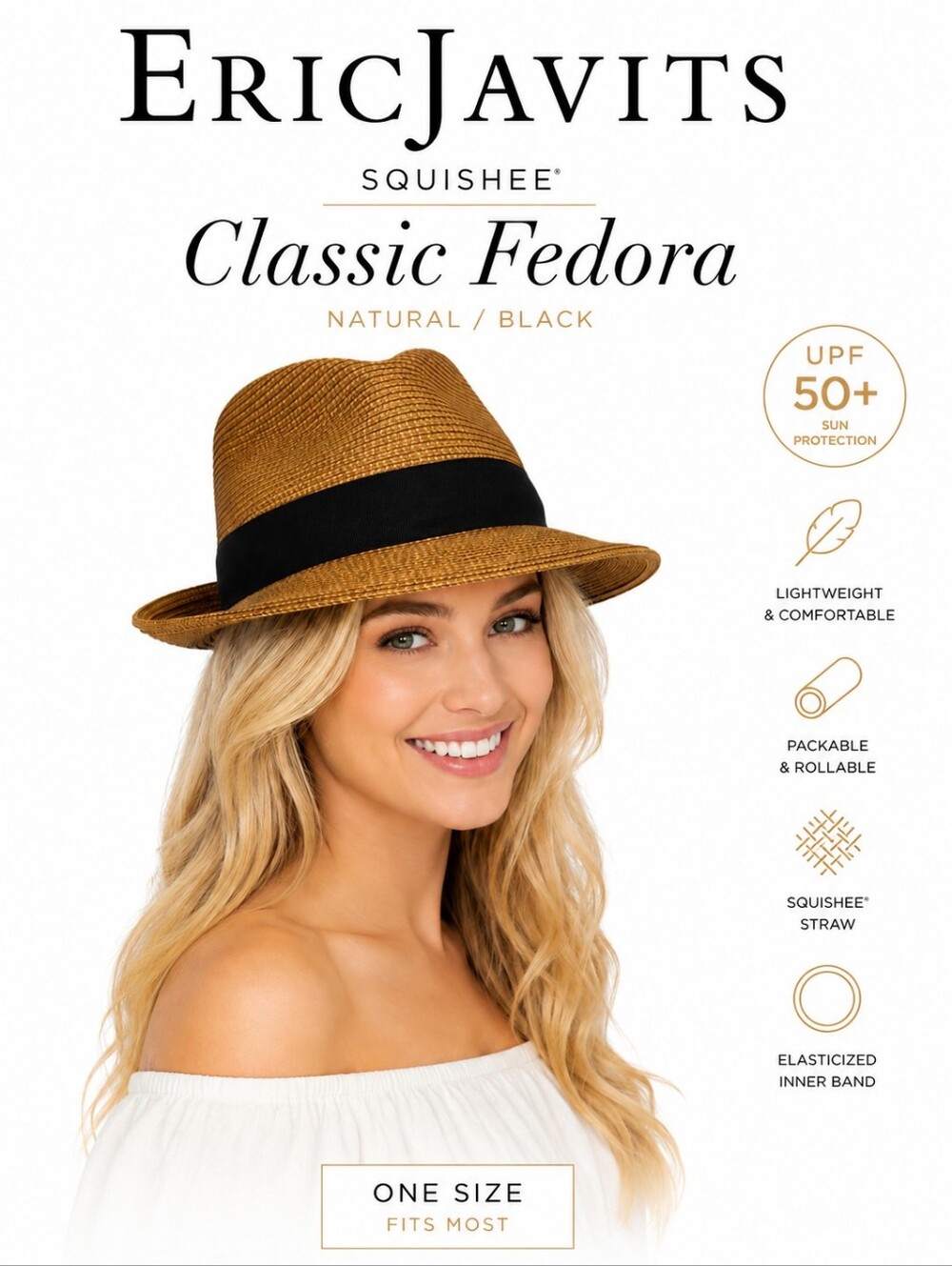 Eric Javits Squishee® Classic Fedora Hat – Natural/Black | UPF 50+ Packable Luxu - Picture 2 of 16